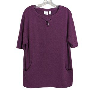 Chico's Purple Tunic Top Size‎ L Short Sleeve Keyhole Neckline Side Pockets